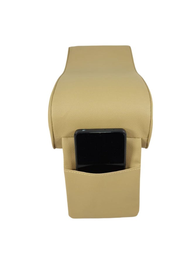 Universal Car Armrest Cushion with Memory Foam Support Beige PU Leather Center Console Armrest Pad with Phone Pocket Ergonomic 163° Curved Elbow Support, Pressure Relief, Anti-Slip Adjustable Straps Fits Cars, SUVs, MPVs, Trucks - Image 1