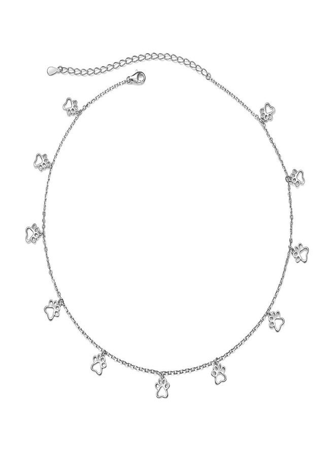 Ladytree S925 Sterling Silver Puppy Dog Cat Pet Paw Print Choker Disc Chain Statement Pendant Necklace Jewelry for Women 13+3 inches - Image 1