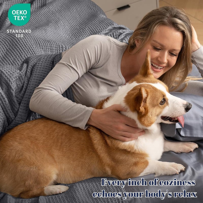 PHF 100% Pre-Washed Cotton Waffle Weave Queen Blanket (228 cm x 228 cm) - Washed Warm Soft Lightweight Breathable Throw for Adults and Kids-Perfect Blanket Layer for Couch Bed Sofa-Elegant Home Decoration- Charcoal - Image 3