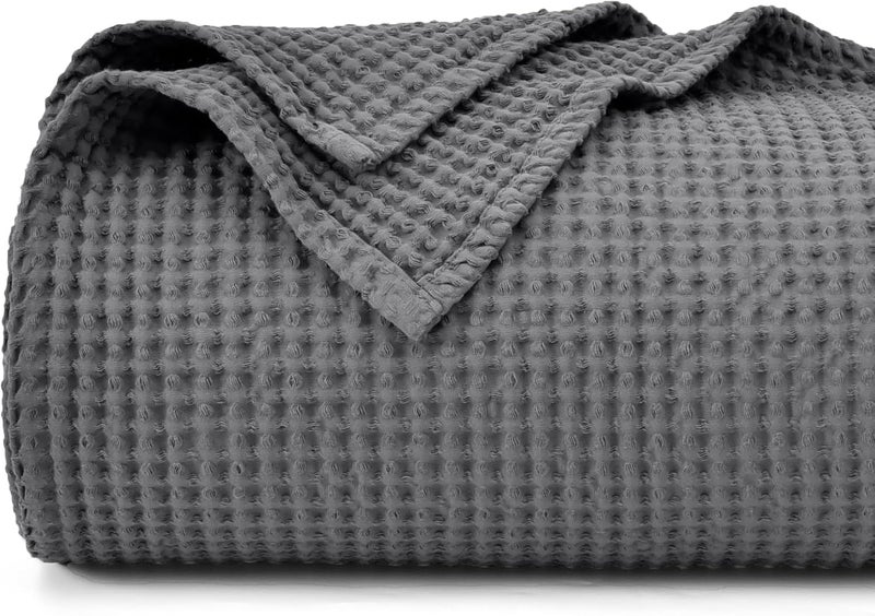PHF 100% Pre-Washed Cotton Waffle Weave Queen Blanket (228 cm x 228 cm) - Washed Warm Soft Lightweight Breathable Throw for Adults and Kids-Perfect Blanket Layer for Couch Bed Sofa-Elegant Home Decoration- Charcoal - Image 1