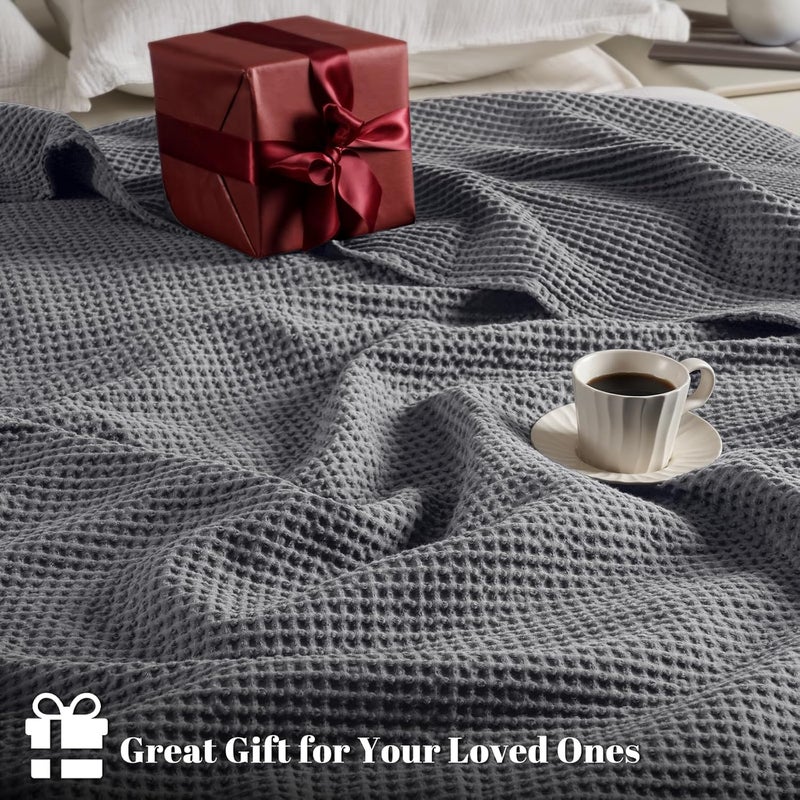 PHF 100% Pre-Washed Cotton Waffle Weave Queen Blanket (228 cm x 228 cm) - Washed Warm Soft Lightweight Breathable Throw for Adults and Kids-Perfect Blanket Layer for Couch Bed Sofa-Elegant Home Decoration- Charcoal - Image 5