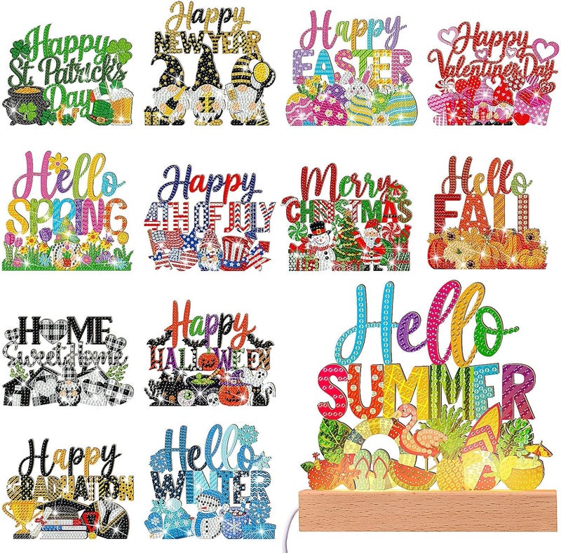 Chunful 13 Pcs Interchangeable Seasonal Diamond Painting Kit Seasonal Holiday Diamond Art Signs for Table Tiered Tray Home Office Tabletop Centerpiece Decor Art Craft Gifts - Image 1