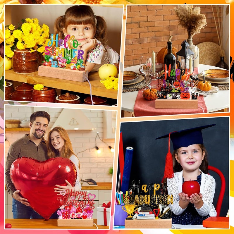 Chunful 13 Pcs Interchangeable Seasonal Diamond Painting Kit Seasonal Holiday Diamond Art Signs for Table Tiered Tray Home Office Tabletop Centerpiece Decor Art Craft Gifts - Image 2