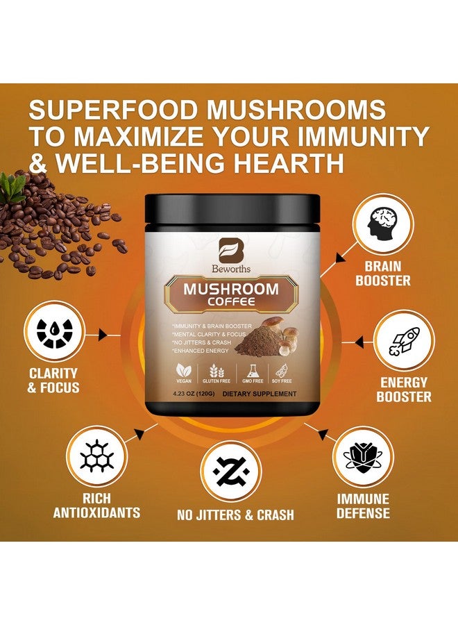 B BEWORTHS 2Pack Mushroom Coffee - Lions Mane Mushroom Powder Arabica Instant Coffee with Lion's Mane, Reishi, Chaga, Cordyceps and Turkey Tail - Mushroom Coffee Alternative Support Immune & Focus, Brain Booster - Image 3