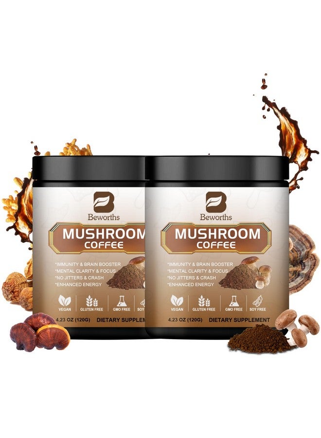 B BEWORTHS 2Pack Mushroom Coffee - Lions Mane Mushroom Powder Arabica Instant Coffee with Lion's Mane, Reishi, Chaga, Cordyceps and Turkey Tail - Mushroom Coffee Alternative Support Immune & Focus, Brain Booster - Image 1