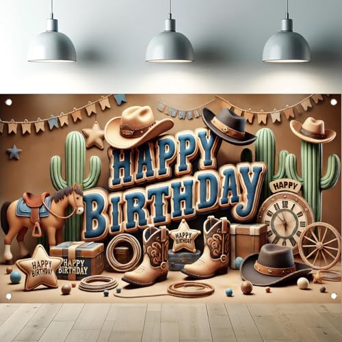 Saoplasa Western Cowboy Happy Birthday Banner Backdrop Rustic Wild West House Barn Photo Banner Party Decorations Boots Hat Cactus Horse Rope Photo Background Props 71 x 43 inch - Image 1