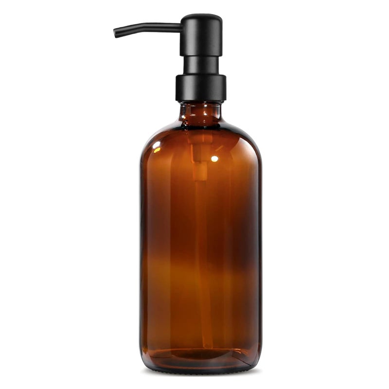 GMISUN Amber Glass Soap Dispenser, 1 Pack Dish Soap Dispensers for Kitchen with Rustproof Stainless Steel Pump, 17 Fl Oz Bathroom Hand Soap Dispenser, Brown Liquid Dishwashing Dispensers Bottle - Image 1