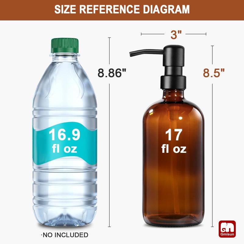 GMISUN Amber Glass Soap Dispenser, 1 Pack Dish Soap Dispensers for Kitchen with Rustproof Stainless Steel Pump, 17 Fl Oz Bathroom Hand Soap Dispenser, Brown Liquid Dishwashing Dispensers Bottle - Image 2