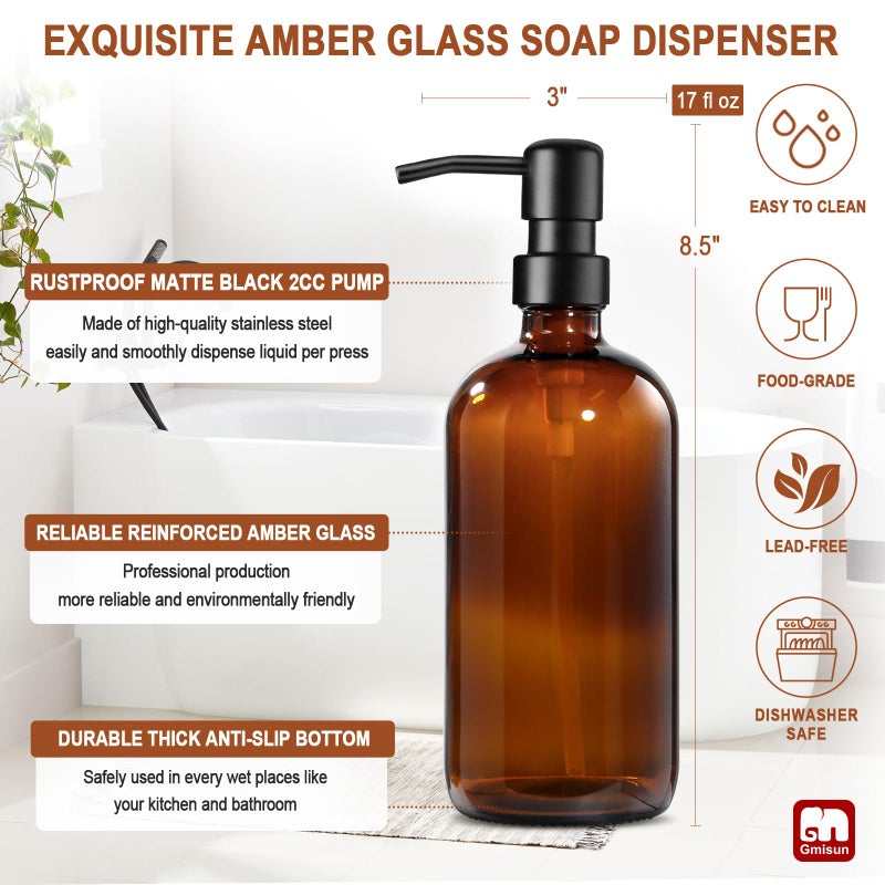 GMISUN Amber Glass Soap Dispenser, 1 Pack Dish Soap Dispensers for Kitchen with Rustproof Stainless Steel Pump, 17 Fl Oz Bathroom Hand Soap Dispenser, Brown Liquid Dishwashing Dispensers Bottle - Image 3