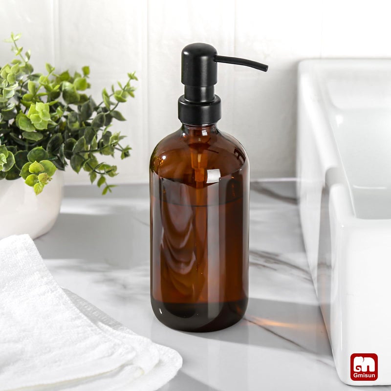GMISUN Amber Glass Soap Dispenser, 1 Pack Dish Soap Dispensers for Kitchen with Rustproof Stainless Steel Pump, 17 Fl Oz Bathroom Hand Soap Dispenser, Brown Liquid Dishwashing Dispensers Bottle - Image 4