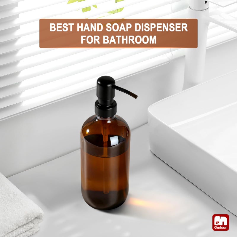 GMISUN Amber Glass Soap Dispenser, 1 Pack Dish Soap Dispensers for Kitchen with Rustproof Stainless Steel Pump, 17 Fl Oz Bathroom Hand Soap Dispenser, Brown Liquid Dishwashing Dispensers Bottle - Image 5