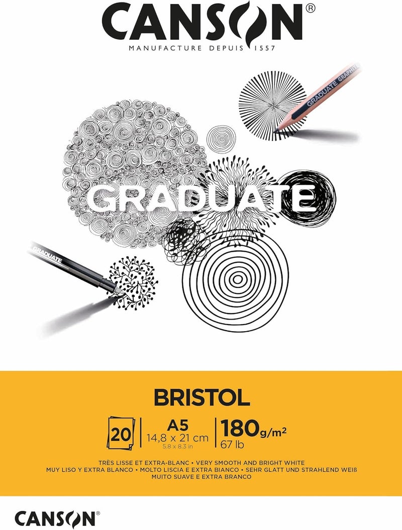 CANSON CANSON Graduate Bristol 180gsm A5 Paper Very Smooth Pad Glued Short Side 20 Bright White Sheets Ideal for Student Artists - Image 1