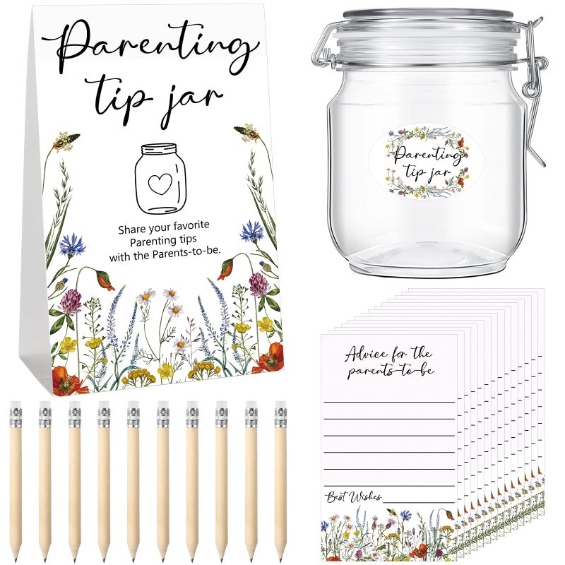 Roowest Baby Shower to Baby Advice Cards for New Parents to Be - Tip Jar Sign for New Parents 60 Parenting Advice Cards 10 HB Pencils 2 Cute Stickers 1 Pet Bottle for Guests Games(Wild Flower) - Image 1