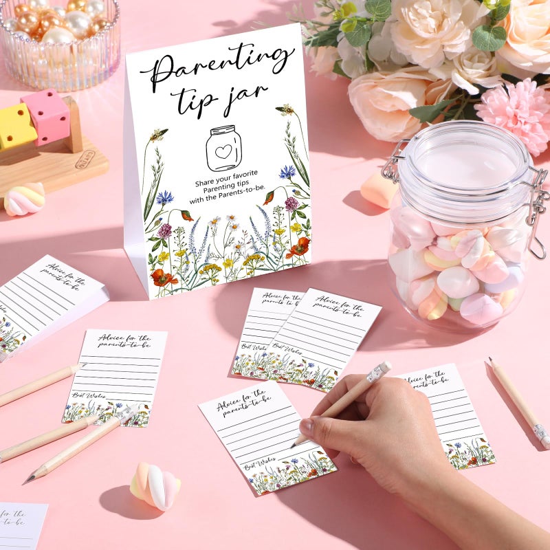 Roowest Baby Shower to Baby Advice Cards for New Parents to Be - Tip Jar Sign for New Parents 60 Parenting Advice Cards 10 HB Pencils 2 Cute Stickers 1 Pet Bottle for Guests Games(Wild Flower) - Image 5