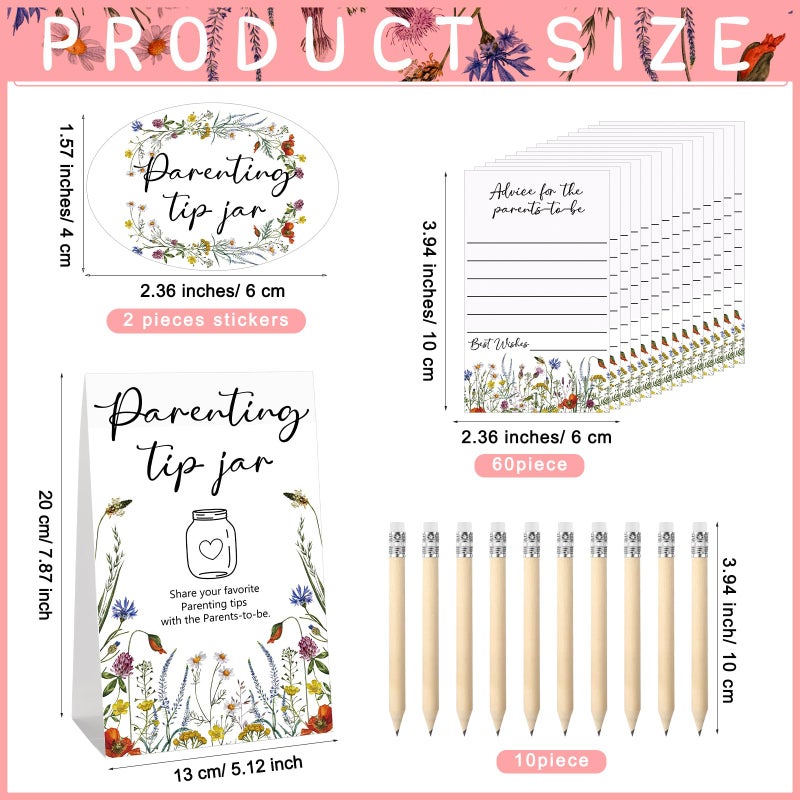 Roowest Baby Shower to Baby Advice Cards for New Parents to Be - Tip Jar Sign for New Parents 60 Parenting Advice Cards 10 HB Pencils 2 Cute Stickers 1 Pet Bottle for Guests Games(Wild Flower) - Image 2