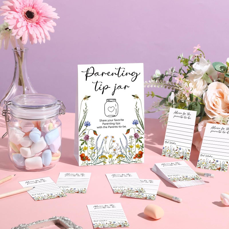 Roowest Baby Shower to Baby Advice Cards for New Parents to Be - Tip Jar Sign for New Parents 60 Parenting Advice Cards 10 HB Pencils 2 Cute Stickers 1 Pet Bottle for Guests Games(Wild Flower) - Image 4