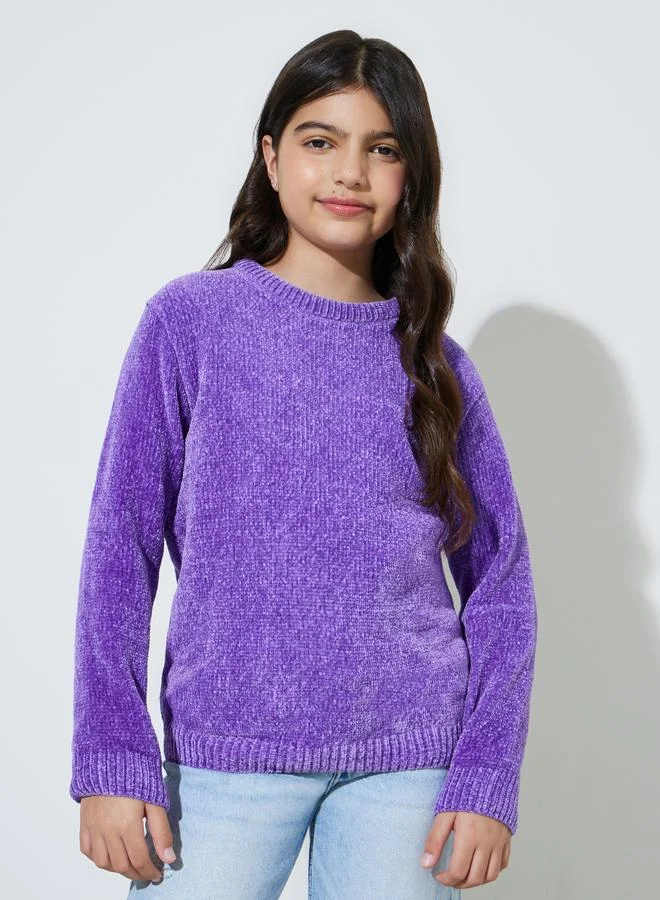 Styli Teen Girls Purple Solid Round Neck knitted Sweater