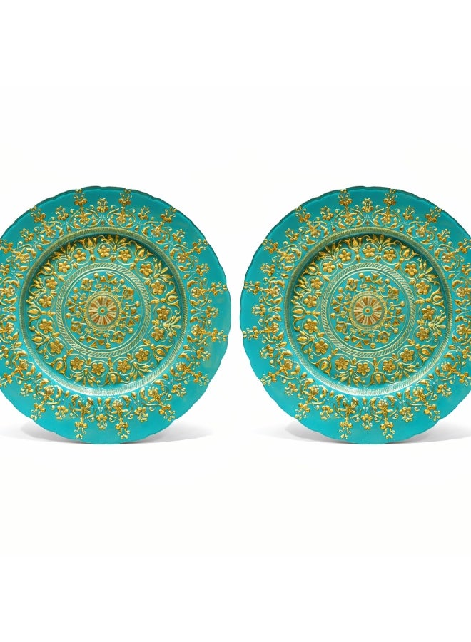 ALCOACH Luxury Decorative Charger Plates Set – Turquoise with Gold Embossed Design (Set of 2) - Image 1