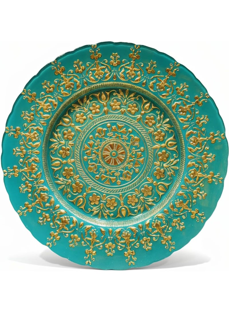 ALCOACH Luxury Decorative Charger Plates Set – Turquoise with Gold Embossed Design (Set of 2) - Image 4