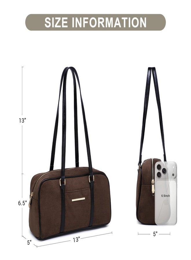 داسين حقيبة كتف من جلد الغزال الصناعي من داسين، حقيبة يد كلاسيكية على طراز بوسطن، حقيبة ساتشيل شرقية غربية للنساء (جلد الغزال البني) - Image 4