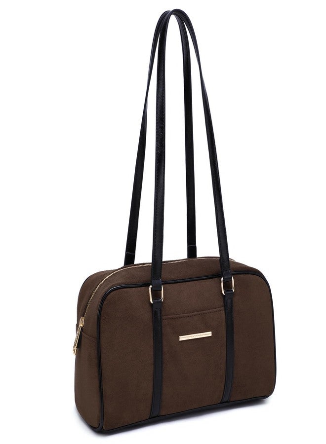 داسين حقيبة كتف من جلد الغزال الصناعي من داسين، حقيبة يد كلاسيكية على طراز بوسطن، حقيبة ساتشيل شرقية غربية للنساء (جلد الغزال البني) - Image 1