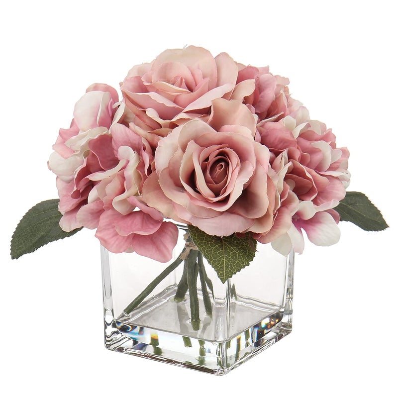 Briful Artificial Roses Artificial Flowers in Vase Silk Roses Hydrangeas in Fake Water for Wedding Decoration Fake Flowers with Glass Vase Arrangement for Home Room Decor Table Centerpieces