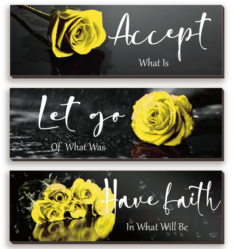 3 Pcs Yellow Wall Decor Inspirational Yellow Bathroom Wall Decor Wooden Yellow Rose Wall Art Office Wall Decor With Accept Let Go Have Faith Quotes For Girl Women Bathroom Bedroom(yellow 12 X 4 Inch)