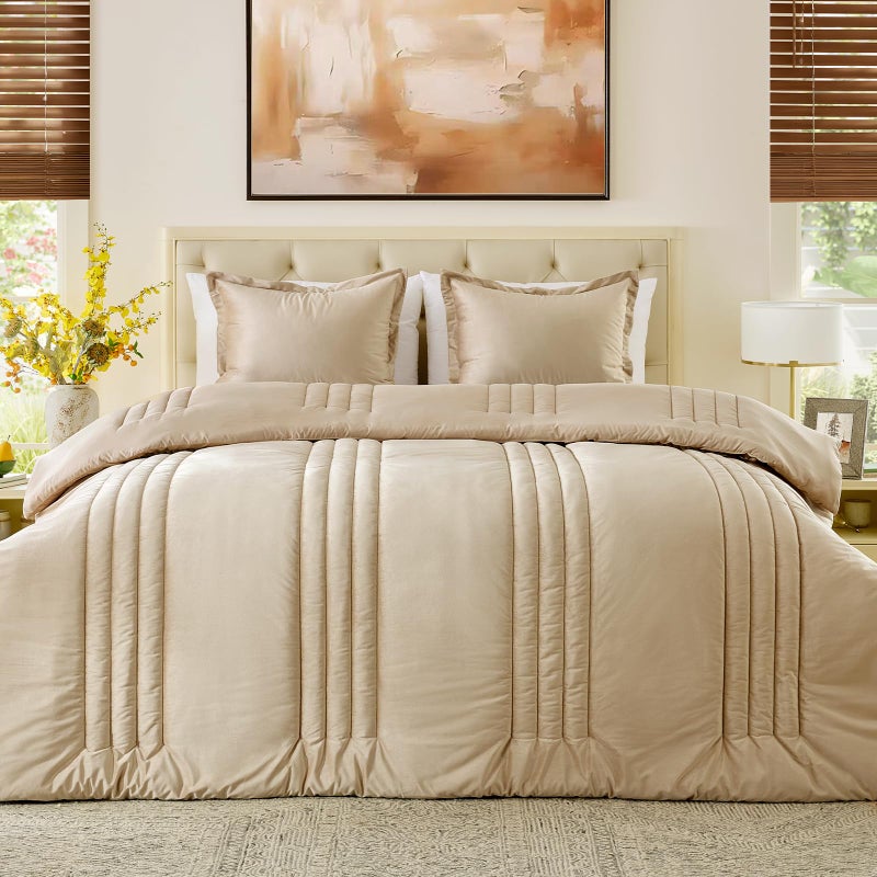 MUSSEL Bedding Comforter Set Queen Size 3 Pieces-Neutral Beige Champagne Striped Lightweight Bedroom Comforter Queen Size,Soft Velvet Bed Set for All Seasons with 2 Shams - Image 2