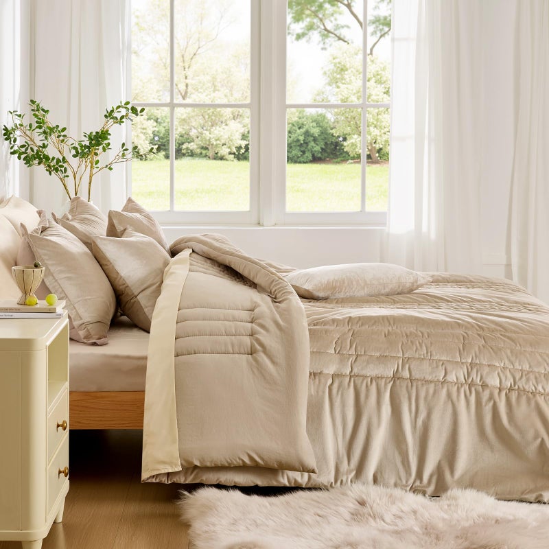MUSSEL Bedding Comforter Set Queen Size 3 Pieces-Neutral Beige Champagne Striped Lightweight Bedroom Comforter Queen Size,Soft Velvet Bed Set for All Seasons with 2 Shams - Image 4