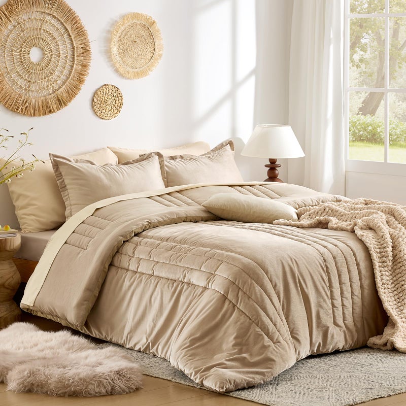 MUSSEL Bedding Comforter Set Queen Size 3 Pieces-Neutral Beige Champagne Striped Lightweight Bedroom Comforter Queen Size,Soft Velvet Bed Set for All Seasons with 2 Shams - Image 1