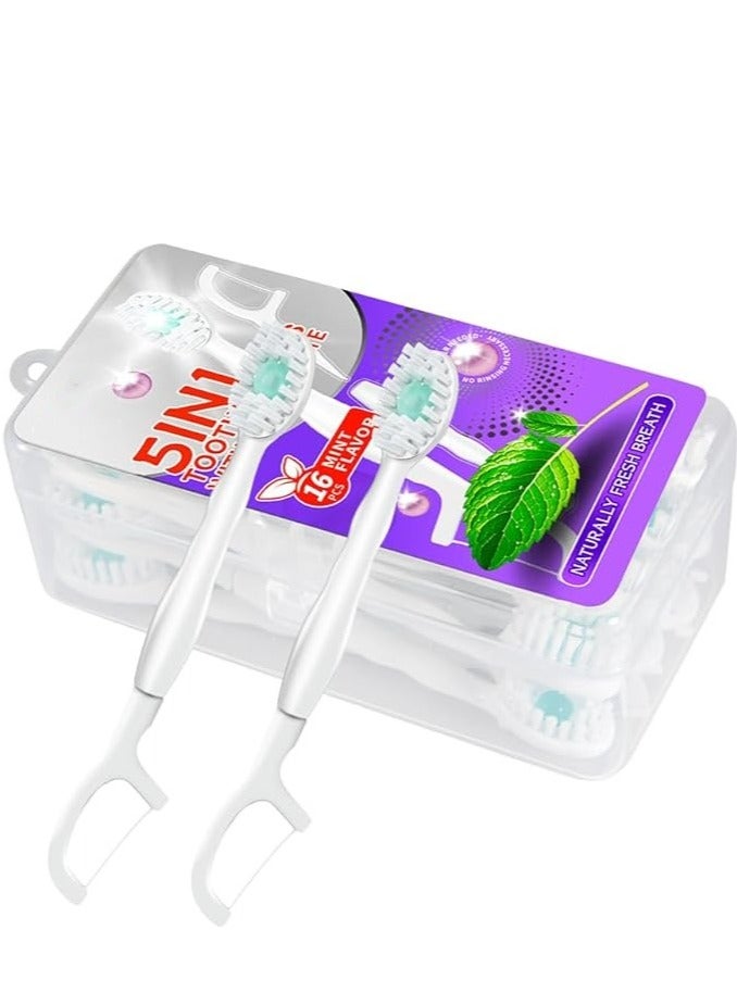 الحادي عشر 16 قطعة فرشاة أسنان ذات استخدام واحد 5 في 1 بنكهة النعناع، فرشاة أسنان للسفر، عناية بالفم مع خيط الأسنان وكاشط اللسان، فرشاة بين الأسنان مع معجون أسنان، عيدان خيط الأسنان. - Image 1