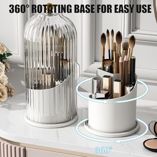 BUENLY Concealed Toothbrush Holder, Rotating Bathroom Organizer Countertop, Toothbrush Holders with Cover, Bathroom Counter Organizer with Covered Makeup Brush Holder (1pcs White) - Image 2