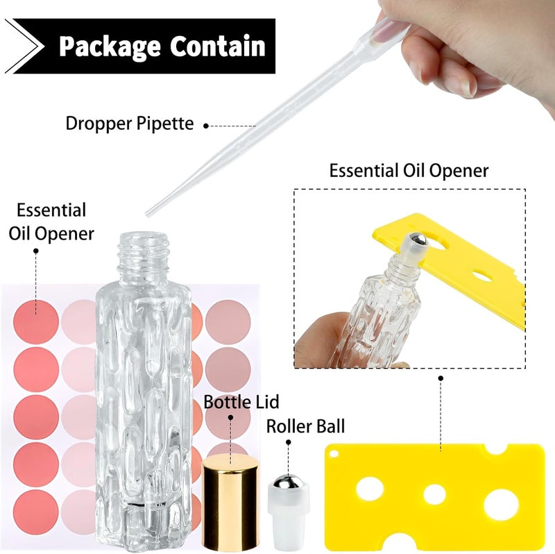 HMIEPRS 12PCS Essential Oil Roller Bottle Refillable Empty Glass Bottle with Stainless Steel Rollerball, Refillable Glass Set Includes Opener and Dropper - Image 2