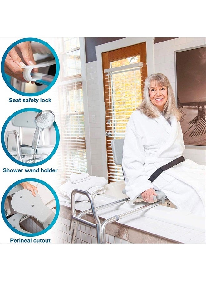 DMI Tub Transfer Bench and Shower Chair with Non Slip Aluminum Body, FSA Eligible, Adjustable Seat Height and Cut Out Access, Holds Weight up to 400 Lbs, Bath and Shower Safety, Transfer Bench - Image 2