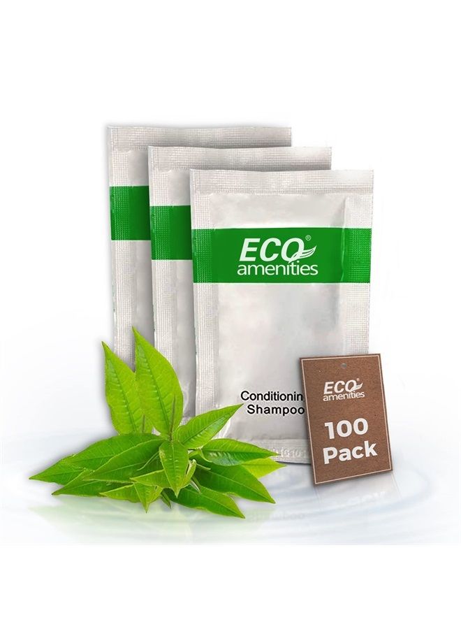 Eco Amenities Travel Size Conditioning Shampoo - 100 Pack, 0.35 oz Small Easy Tear Sachets, Green Tea Scent, Bulk Case of Trial Size Toiletries, Individually Packaged Hair Care Samples, Mini 2-in-1 Sh