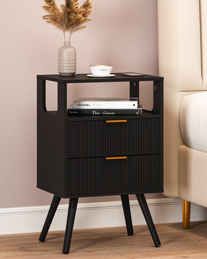 Leomonio Black Nightstand,Modern Bedside Table with 2 Storage Drawer and Open Wood Shelf, for Bedroom and Small Spaces,Night Stand with Solid Wood Legs - Image 1