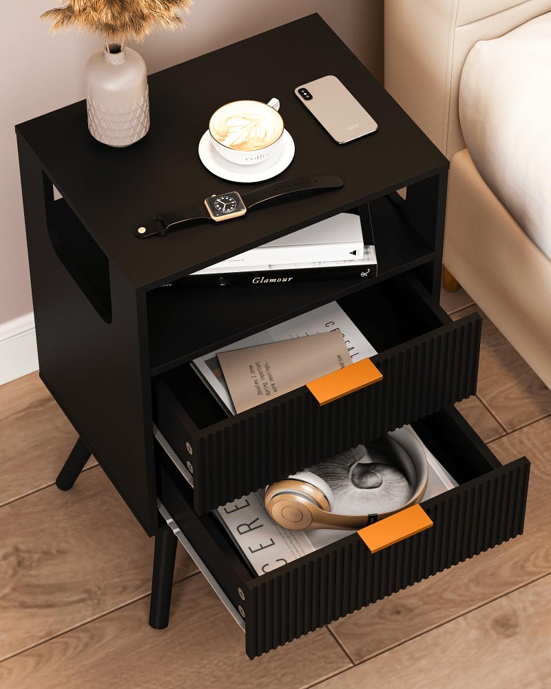 Leomonio Black Nightstand,Modern Bedside Table with 2 Storage Drawer and Open Wood Shelf, for Bedroom and Small Spaces,Night Stand with Solid Wood Legs - Image 4