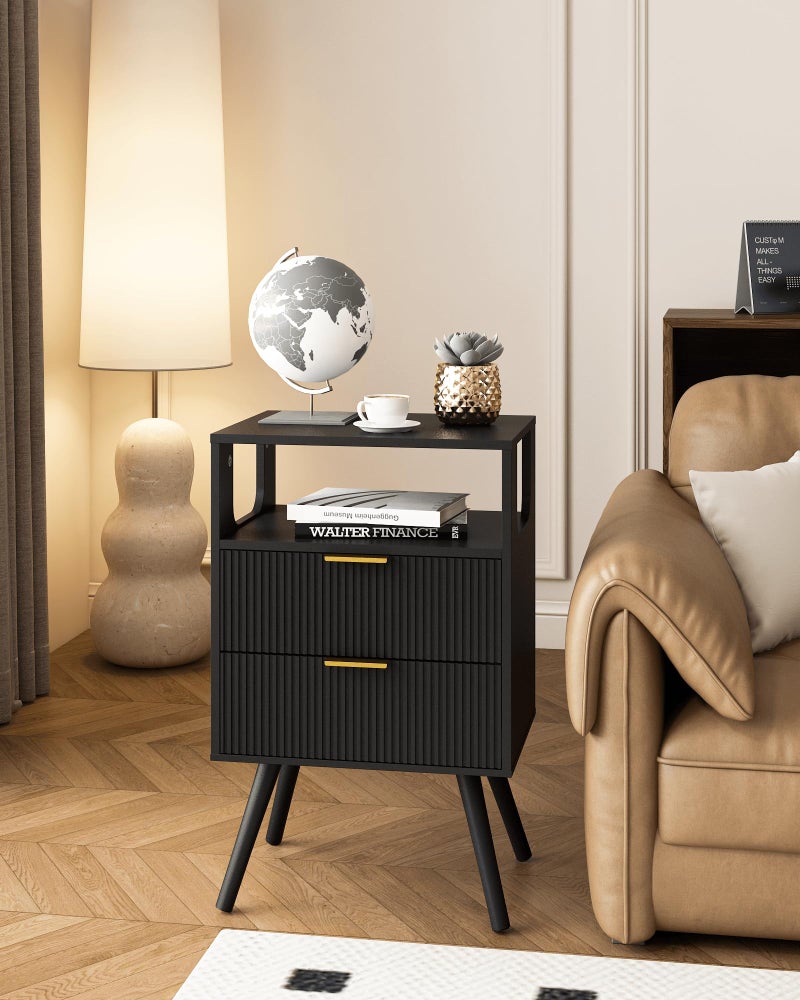 Leomonio Black Nightstand,Modern Bedside Table with 2 Storage Drawer and Open Wood Shelf, for Bedroom and Small Spaces,Night Stand with Solid Wood Legs - Image 5