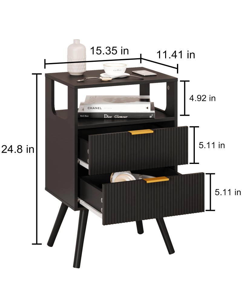 Leomonio Black Nightstand,Modern Bedside Table with 2 Storage Drawer and Open Wood Shelf, for Bedroom and Small Spaces,Night Stand with Solid Wood Legs - Image 3