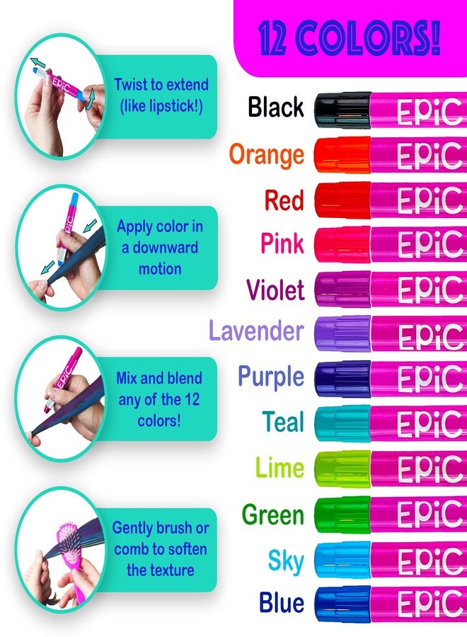 EPIC Hair Chalk for Girls & Boys - 12 Large Pens - Dust Free Wax Hair Crayons - Temporary Hair Color for Kids - Washable - Non Toxic - Hair Color for Halloween - Image 2