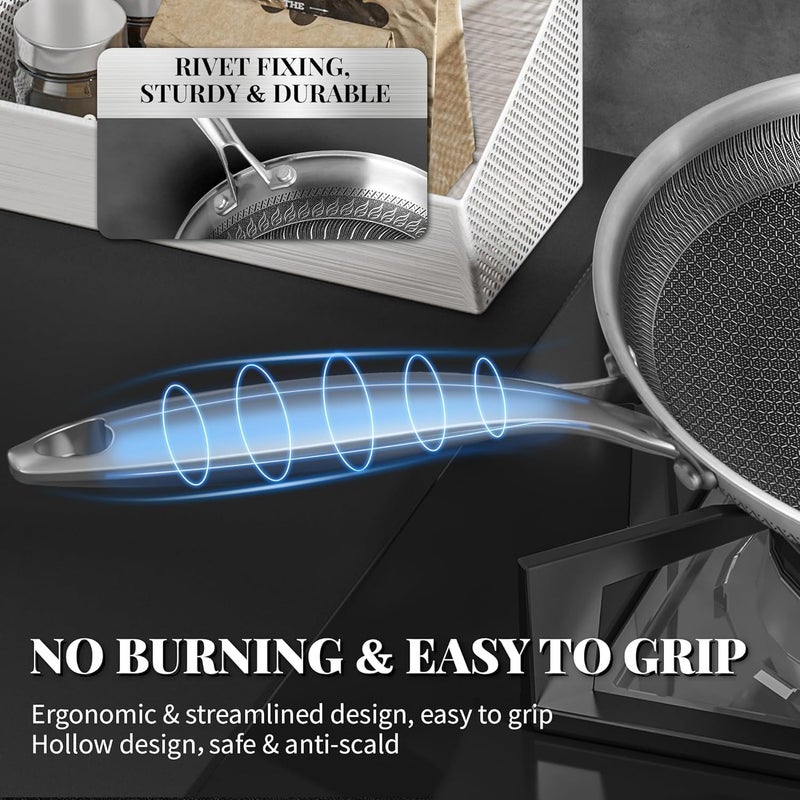 JUGTE Stainless Steel Honeycomb Frying Pan NonStick Pan with Stainless Steel Handle Stay Cool Non Toxic Dishwasher and Oven Safe Suitable for All Hob Types Steel Frying Pan 28 Cm - Image 3