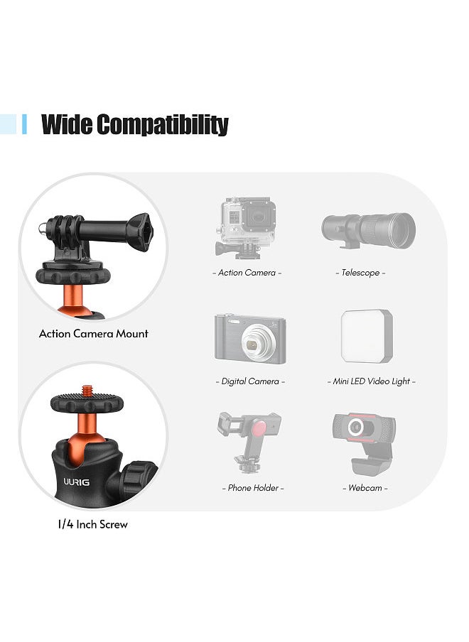 BH-07 Mini Ball Head Camera Tripod Mount 1/4 Inch Screw with Magnetic Base Sports Camera Mount Adapter Replacement for DJI/ GoPro 11/10/9 Insta360 Action Cameras