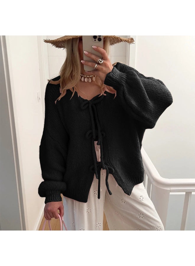 NIBEMINENT Solid Color Round Neck Tied Knit Cardigan Jacket for Autumn and Winter Women Fashionable Simple Long Sleeved Knit Jacket - Image 1