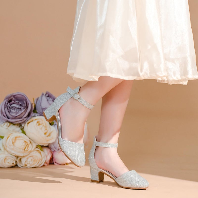 LAURMOSA Silver Closed Toe Shoes Low Heels for Girl Dressy Heels Shoes Platform Heel Girls Pumps Wedding Prom Party Shoes high Heels for Little Big Kids(L1012Silver 2) - Image 3
