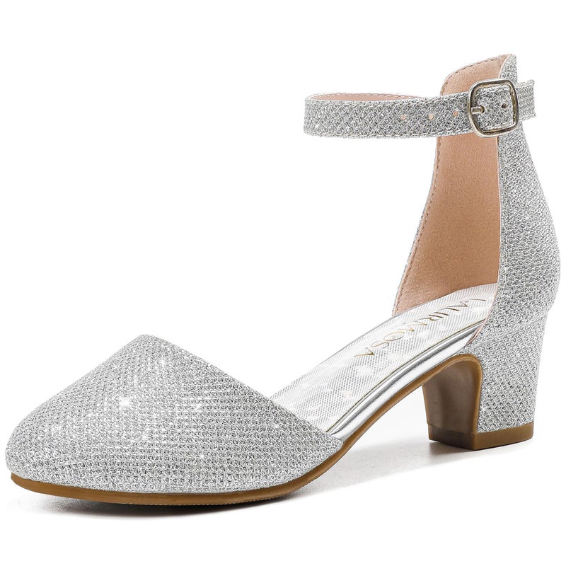 LAURMOSA Silver Closed Toe Shoes Low Heels for Girl Dressy Heels Shoes Platform Heel Girls Pumps Wedding Prom Party Shoes high Heels for Little Big Kids(L1012Silver 2) - Image 1