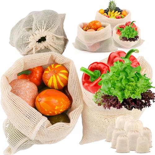 PEASUG 8 Pack Reusable Produce Bags Grocery Washable, Cotton Mesh Vegetable Bags for Refrigerator Grocery Fruits and Veggies Shopping, Transporting Storing (2XL,2L,2M,2S) - Image 1