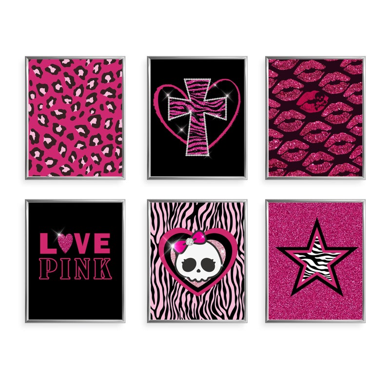 TwoDays ديكور غرفة مكبلين من تو دايز ملصقات ي2ك الجمالية للفتيات لغرفة النوم 2000s فن الجدار الوردي الساخن مطبوعات إيمو باددي للنساء شقة 8 × 10 مجموعة من 6 غير مؤطرة