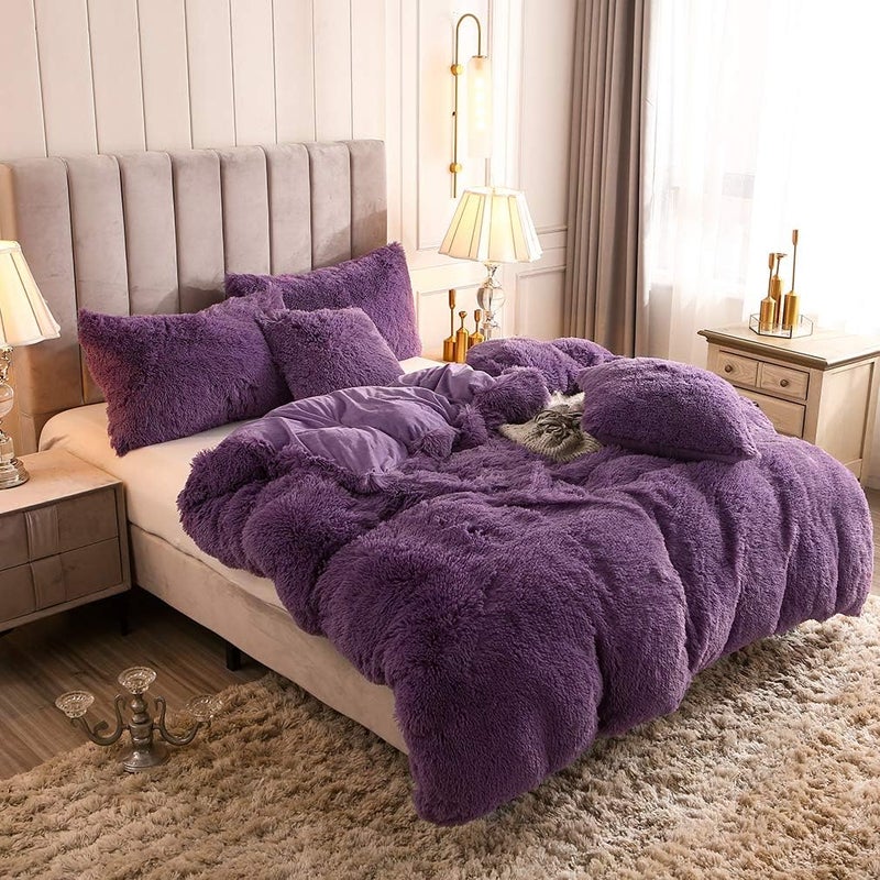 Uhamho Faux Fur Velvet Fluffy Bedding Duvet Cover Set Down Comforter Quilt Cover with Pillow Shams, Ultra Soft Warm and Durable (Queen, Purple) - Image 2