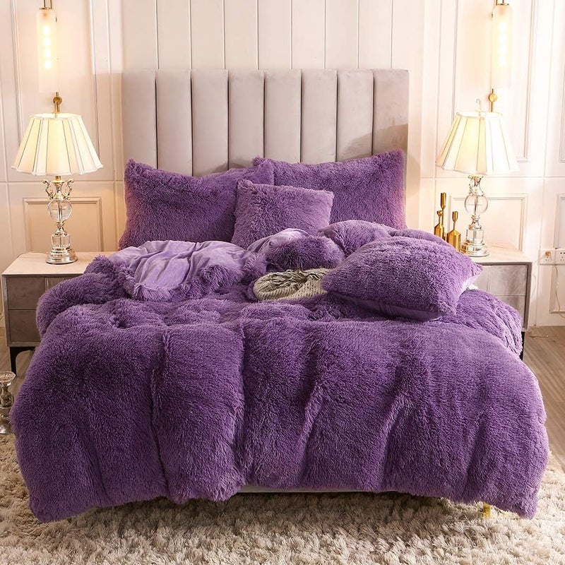 Uhamho Faux Fur Velvet Fluffy Bedding Duvet Cover Set Down Comforter Quilt Cover with Pillow Shams, Ultra Soft Warm and Durable (Queen, Purple) - Image 1