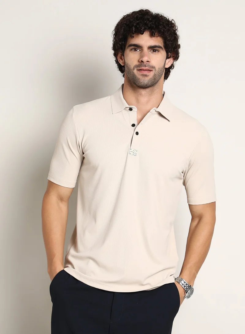 كامبوس سوترا Men's Saltbox Beige Seamless Ribbed Polo T-Shirt For Casual Wear | Polo Neck | Short Regular Sleeves | Half-Button Closure | T-Shirt Crafted With Comfort Fit For Everyday Wear